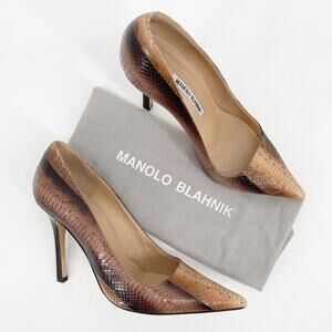 Manolo Blahnik Brown Tan Genuine Python Pointed Toe Stiletto Heel Pumps IT 38